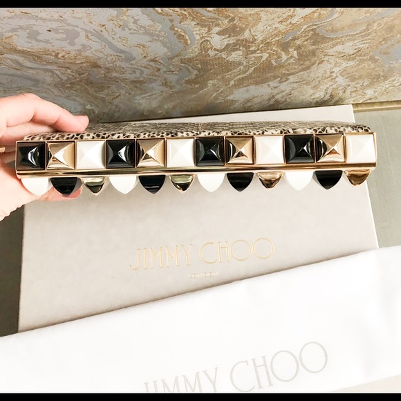 Jimmy Choo Cayla Python Two Tone Studded Clutch - Picture 4 of 8
